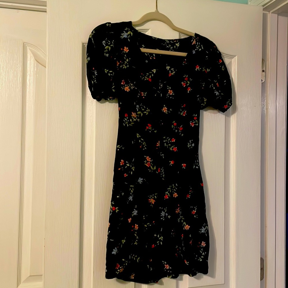 H&M black floral button down sun dress size XS